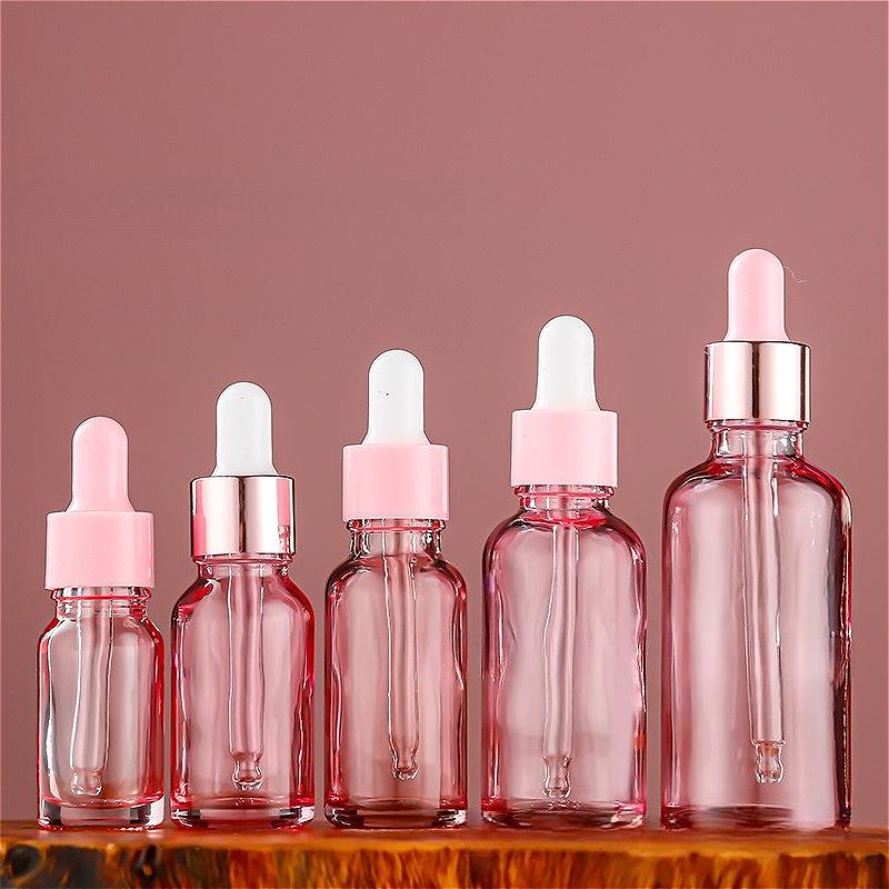 5/10/15/20/30/50/100ml Transparent Pink Glass Bottle with Pipette, Refillable for Serum & Oil, Empty
