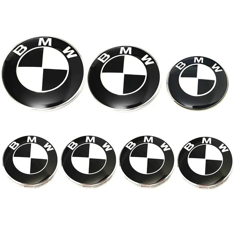 Car Black White BMW Logo Front Hood Emblem 82mm Rear Badge 74mm Wheel Hub Cap 56mm Steering Wheel Sticker 45mm Accessories