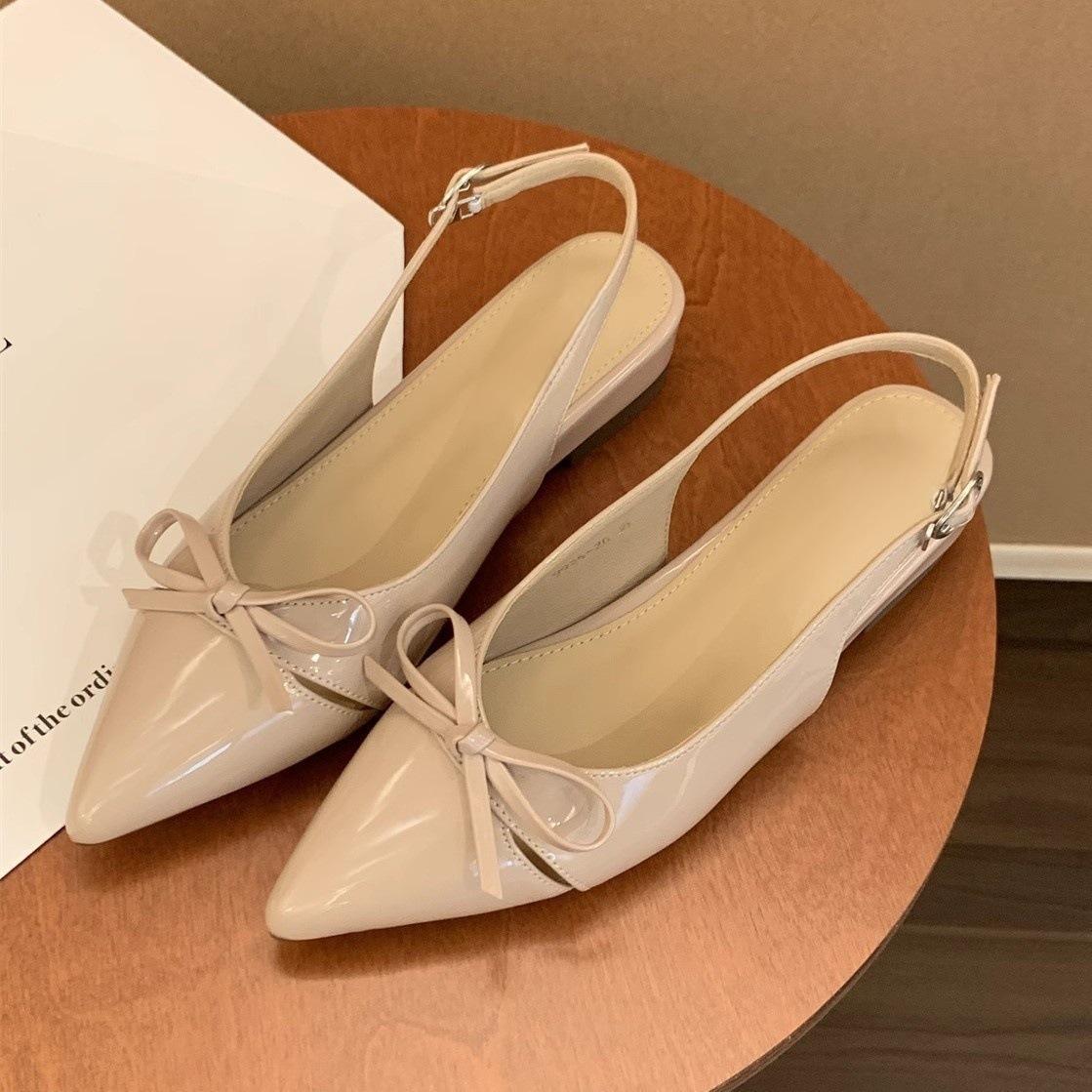 

French wedge heel nude bow bag head sandals fairy shoes 2025 new spring and summer with skirt pointed single shoes 35