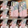 Initial Letter A Z Case For Samsung Galaxy S25 S24 S23 S21 S22 Plus S23 S21 FE Cover Pink Flowers Silicone Back Fundas Bumper