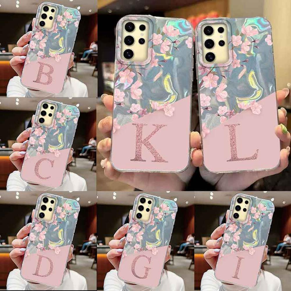 Initial Letter A Z Case For Samsung Galaxy S25 S24 S23 S21 S22 Plus S23 S21 FE Cover Pink Flowers Silicone Back Fundas Bumper