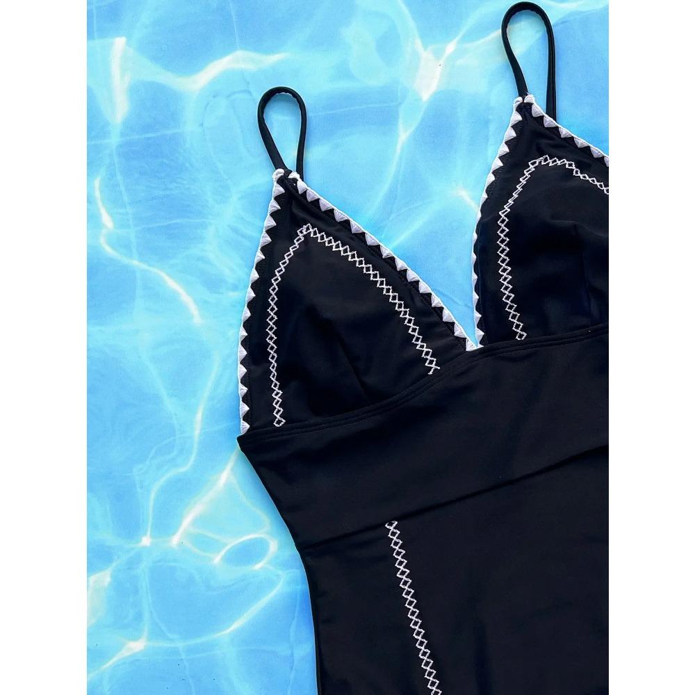 Black Knite One Piece Swimwear with Chest 2026 Women Patchwork V Neck Push Up Tummy Control Swimwear Beach Bathing Suit Monokini