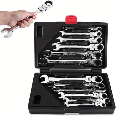 12pcs Elbow Ratchet Wrench Set, CR-V Steel, Metric 8-19mm, Quick-Release, Mechanical Operation, with Portable Toolbox for Versatile Tightening