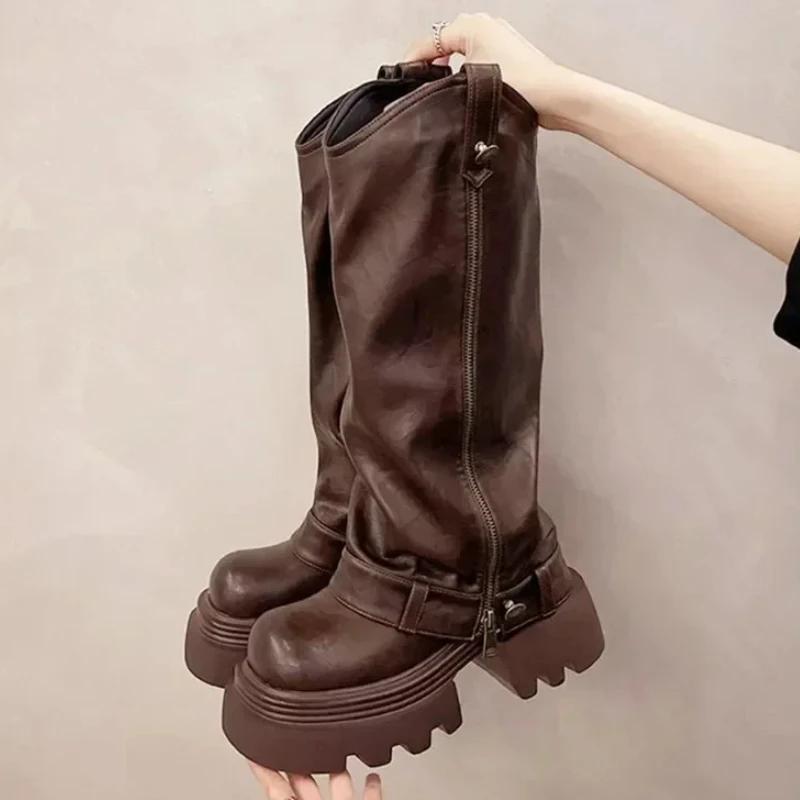 Binchi Fitness Women's Black Punk Fold Platform Ankle Boots For Belt Buckle Cool Combat Booties Goth Street Shoes Fashion Non-Slip Knight Boots Cm
