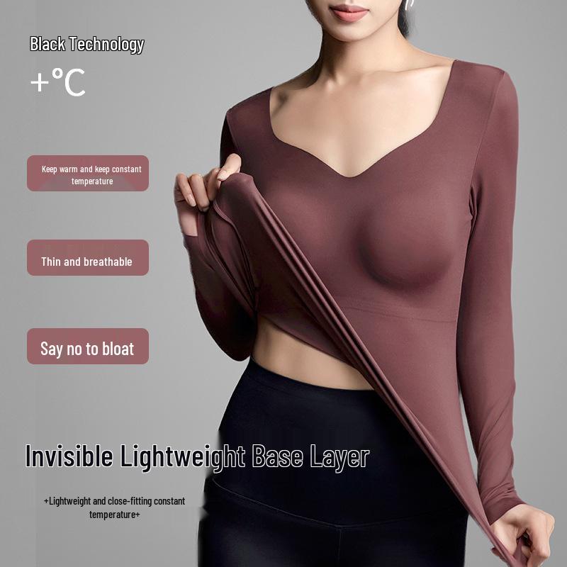 Women's Long Sleeve Chest Pad Base Layer - Warm & Soft, Low Neck, Skin-Beautifying.