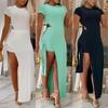 Spring and Summer Short Sleeve O-Neck Fashion Casual Split Long Dress Suit Women's Wear