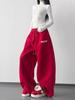 2026 Fall/Winter Red High-Waisted Wide-Leg Women's Sweatpants - Slimming, Casual, Sporty, with Drawstring, Long and Loose Fit.