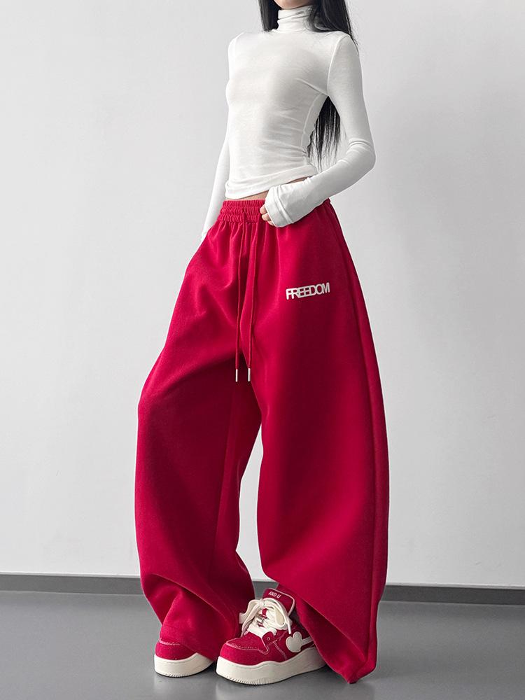 2026 Fall/Winter Red High-Waisted Wide-Leg Women's Sweatpants - Slimming, Casual, Sporty, with Drawstring, Long and Loose Fit.