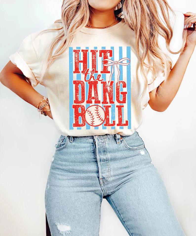 Hit The Dang Ball Baseball Shirt Retro Game Day Season Tee M