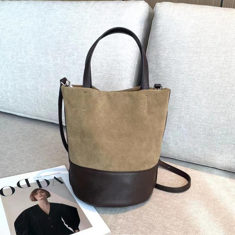 Frosted Cowhide Bucket Bag Genuine Leather Crossbody Handbag for Women