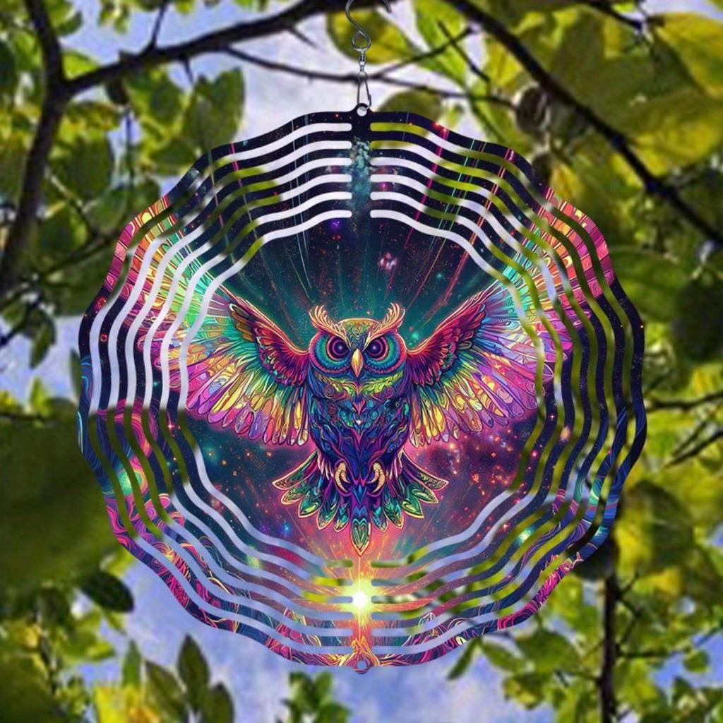 Solar-Powered 2D Metal Owl Wind Spinner - Colorful Garden Decor with 360° Rotating Hook