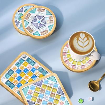 DIY Glass Mosaic Tile Coaster Set Mixed Color Mosaic Kit with Wooden Coaster Kids Adults Handmade Mosaic Crafts Coaster with Accessories