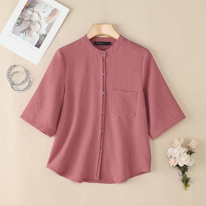 ZANZEA Women Stand Collar Summer Casual Short Sleeve Blouse