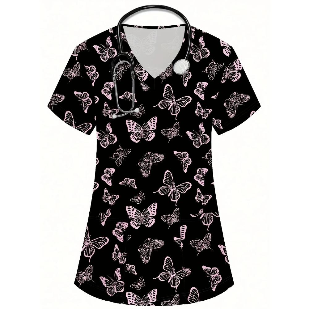 Butterfly Pattern 3D Print Dual Pockets V-neck Top Comfortable  Functional Care Short Sleeve Uniform for Nurse Women's Clothing