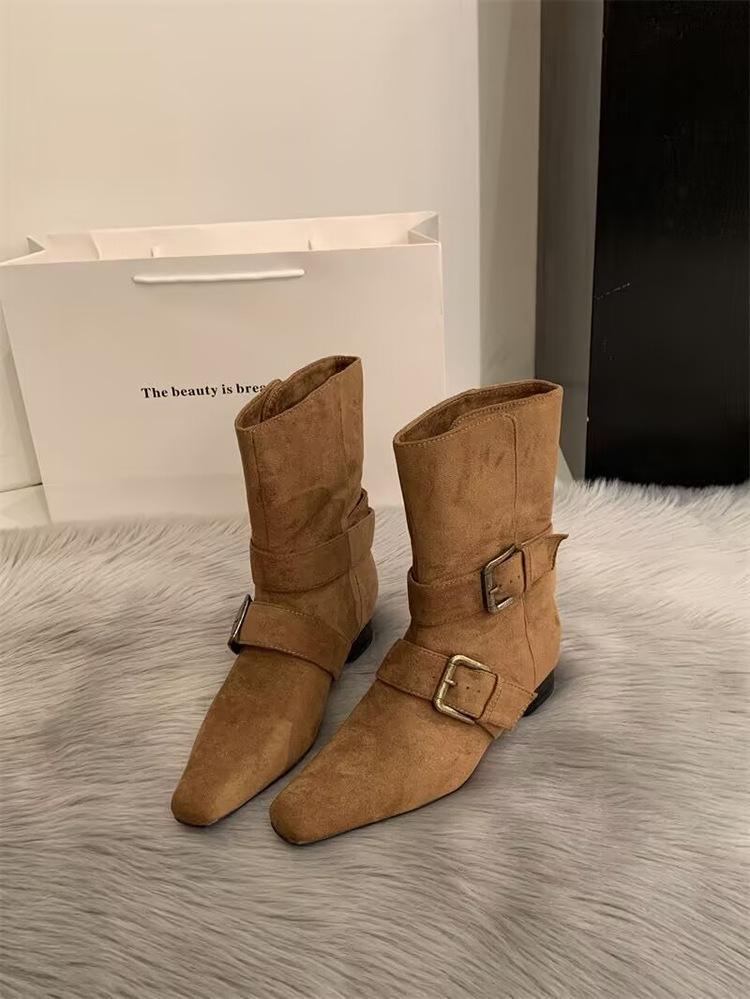 2025 Korean version of the new niche design retro French short boots small square head western boots suede medium boots women's boots