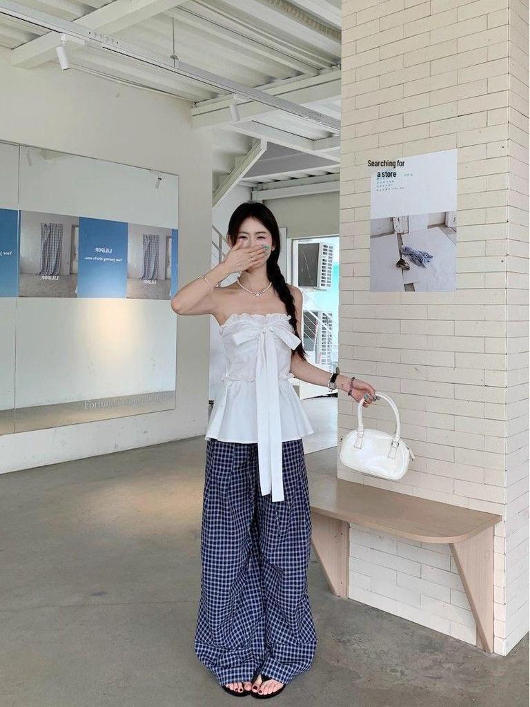 White Ruffled Bow Tie Strap Bandeau Top - Chic Slimming Waist-Cinched Summer Style for Women