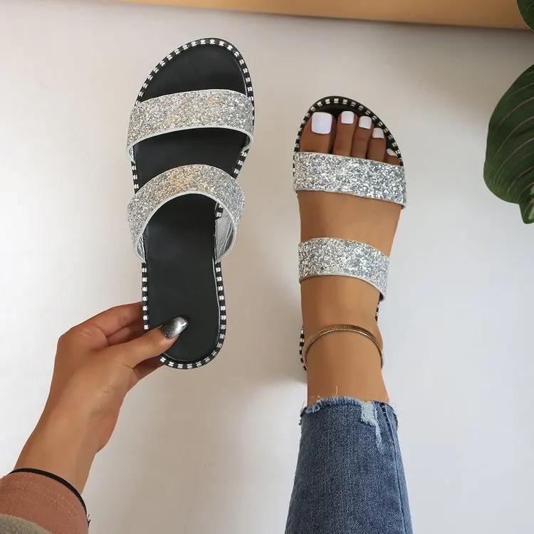 

Летние сандалии для женщин, сандалии на плоской подошве, блестящие шлепанцы со стразами, модная женская пляжная блестящая нарядная повседневная обувь без шнуровки с блестками 40 серебряный