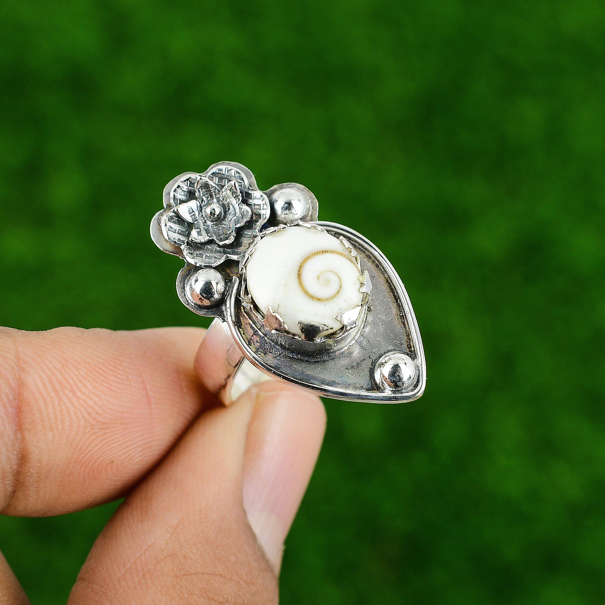 

Gift For Her Natural Shiva Eye Shell Promise Flower Adjustable Ring 925 Silver Adjustable