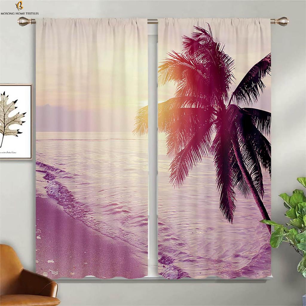 Seaside Scenery Decorative Curtains Beach Coconut Trees Blue Sky Sunset Sea View Room Living Balcony Printed Made Of Polyester Window Treatment