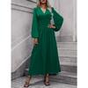 Women Lantern Sleeve Smocked High Split V Neck A Line Long Dress