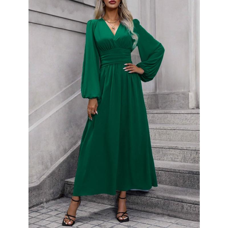 Women Lantern Sleeve Smocked High Split V Neck A Line Long Dress