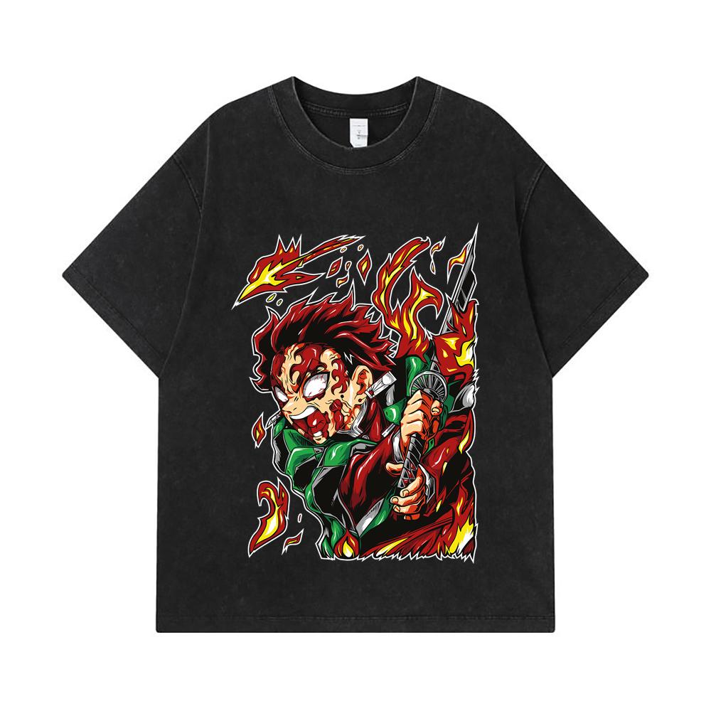 275 GSM Washed T-shirts 100% Cotton Demon Slayer V101 Tanjiro Print Unisex Heavy Cotton T Shirt