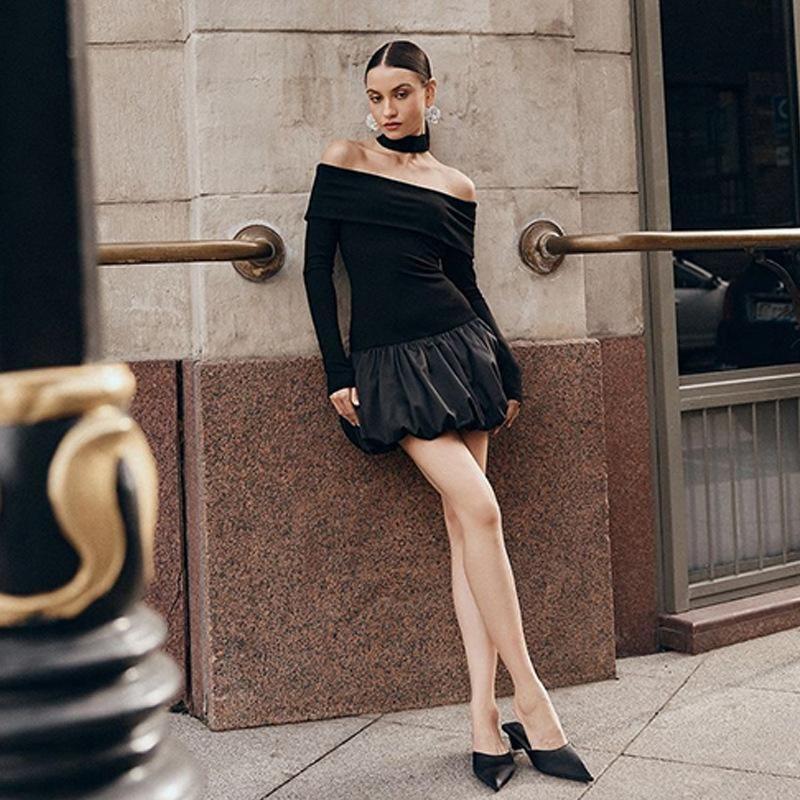 Fall 2024 French Pure Desire Style Sexy off-Shoulder Long Sleeve Color Matching Waist Slim Looking A- Line Dress Women