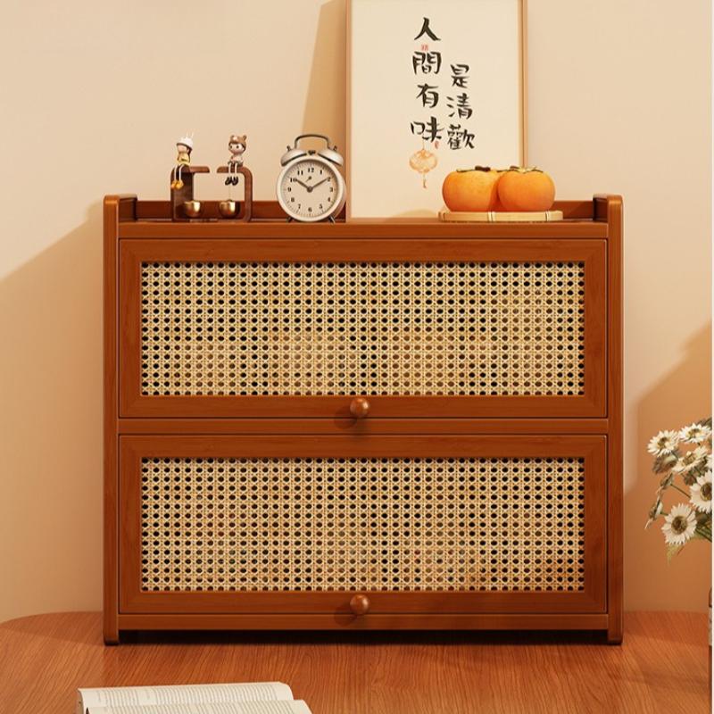 Armário de Armazenamento de Cozinha com Portas Decorativas em Rattan Sintético, Mini Armário de Armazenamento de Bancada de Bambu com Prateleira Organizadora com Porta Basculante, 1 peça