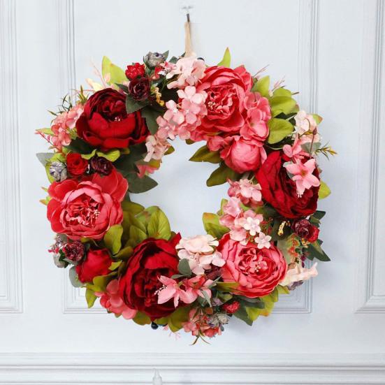 40CM Artificial Peony Wreath Indoor Outdoor Front Door Wall Hanging Fake Flower Garland with Green Leaves Wedding Party Home Decoration