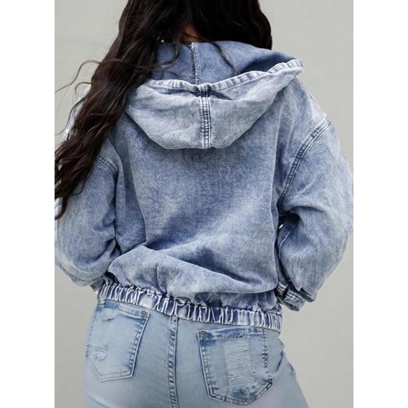 Womens Vintage Washed Distressed Denim Hooded Short Loose Jacket Casual Outerwear