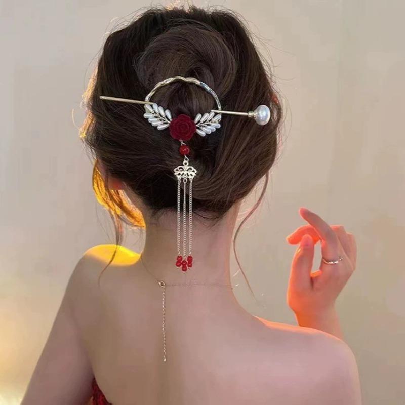 Vintage Rose Pearl Tassel Bow Hair Hairpin Chinese High-end Rhinestone Hair Accessory Women's Fashion Jewelry Headwear Wholesale