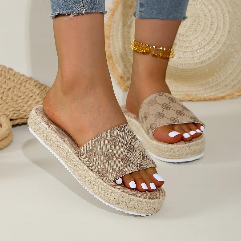 New Summer Women's Thick Bottom Round Head Slippers Large Size Hemp Rope Cool Slippers Women