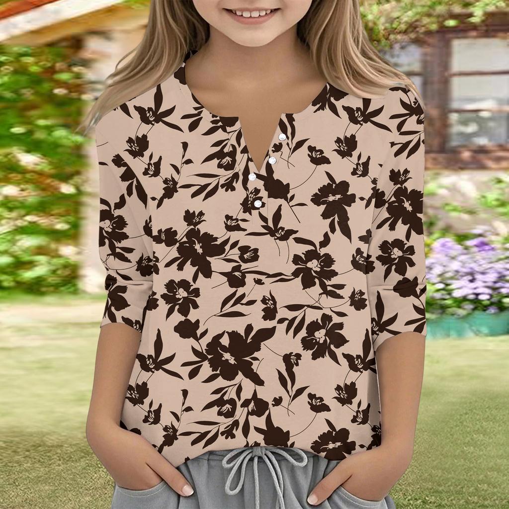 Print Tops For Youth Girls V Neck Button 3/4 Sleeves T-Shirts Trendy Tops Outfit Tees