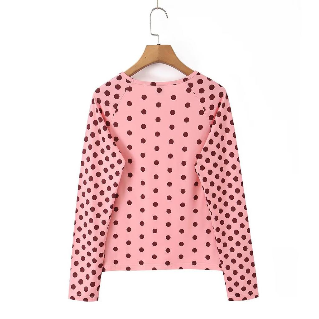 European and American style, new women's clothing, foreign style, fashionable polka dot high elastic long-sleeved T-shirt 0264-034