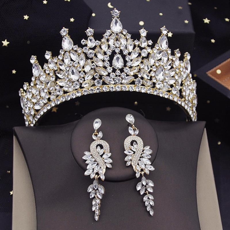 

Королевская королева свадебная корона головной убор вечерние диадемы невесты выпускной бал свадьба корона серьги украшения для волос аксессуары для головы золотой