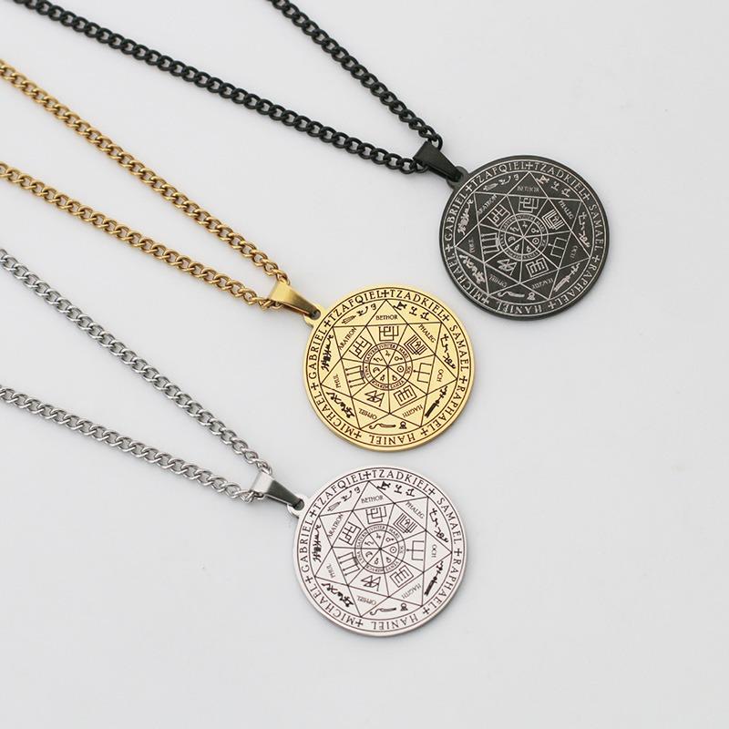 Edelstahl 7 Erzengel Amulett Anhänger Halsketten für Männer Frauen Vintage Runen Beschwörung Magischer Kreis Siegel Tag Halskette Schmuck