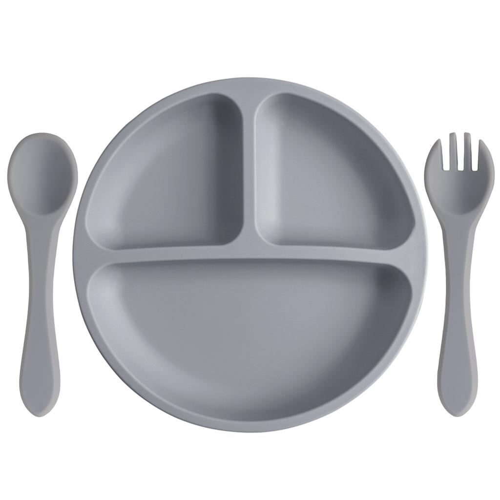 Color Kids 3PCS Silicone Baby Feeding Set Suction Plate Wooden Spoon Fork BPA Free Training Tableware Dish Bowl Gift Set