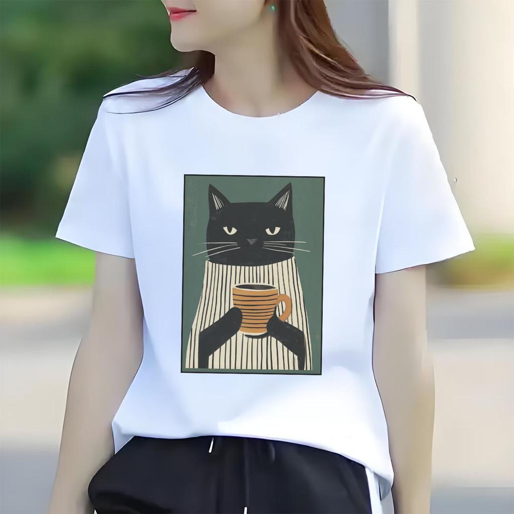Fun cat tea printed Tshirt casual short sleeved round neck top versatile Womens Tshirt suitable for all seasons