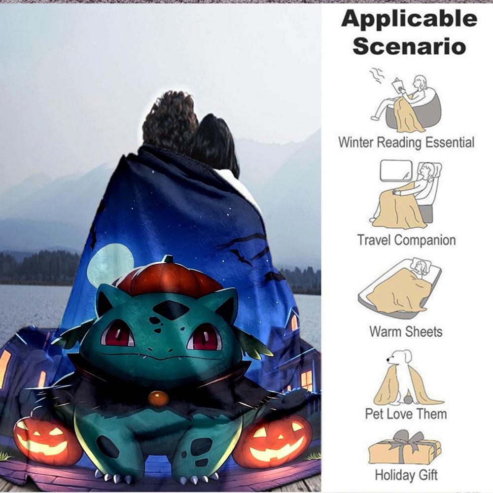 1 szt. Bulbasaur, Koc Pokémon Miękki Koc na Cały Sezon z Żywym Wzorem, Idealny do Domu, Podróży i na Prezenty, Idealny na Drzemki i Kemping