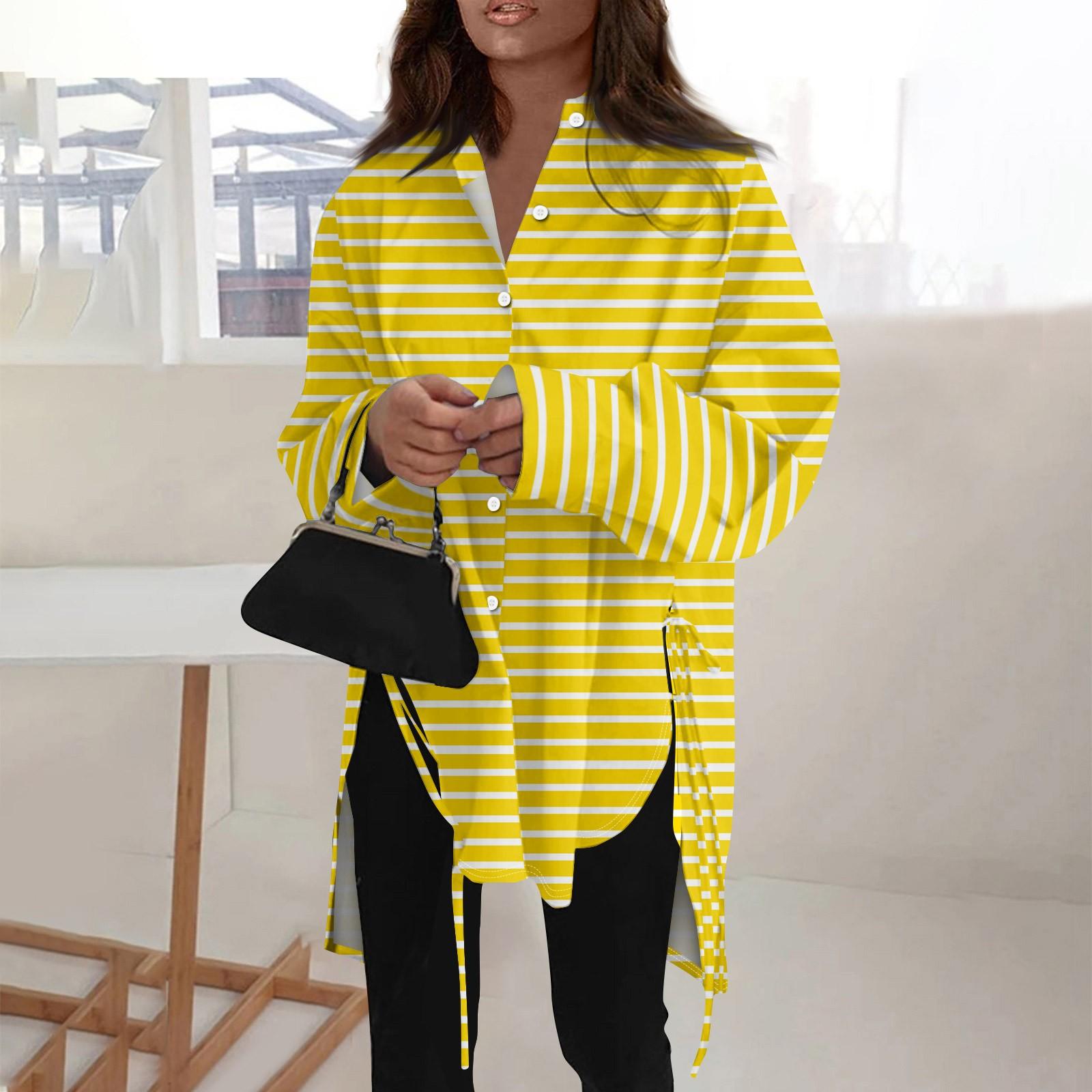 

Модная повседневная однотонная рубашка с длинными рукавами и лацканами свободного типа для женщин S жёлтый