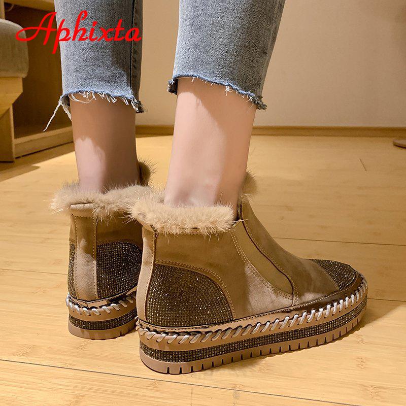 Fashion Aphixta Real Hair Warm Winter Crystals Shoes Woman Elastic Band Couple Chunky Sole Platform Big Size 44 Waterproof Ankle Boots