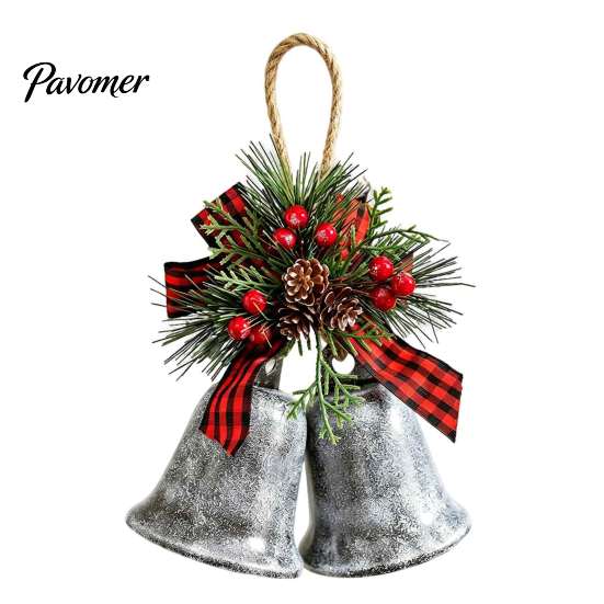 Indoor Holiday Scene Arrangement Christmas Bell Ornaments, Metal Double Jingle Bells Xmas Tree Hanging Gift for Friends Decoration with Pinecones
