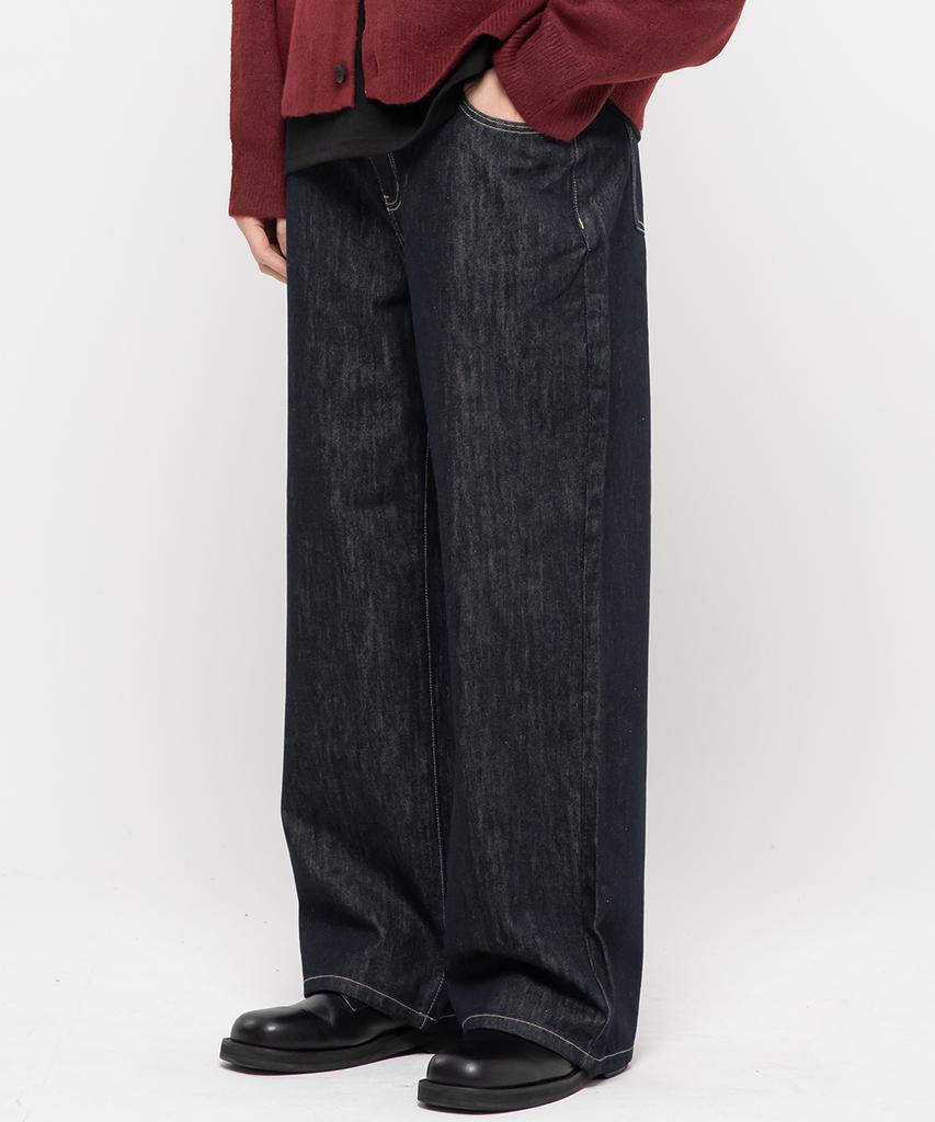 CHAMBROS Non-Faded Basic Semi-Wide Cotton Denim Pants [Black]