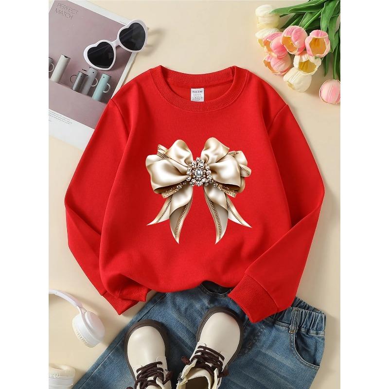 Kids Unisex Crewneck Sweatshirt, Luxury Rhinestone Satin Bow Print Soft Fleece Pullover For Kids Over 4 Years Old