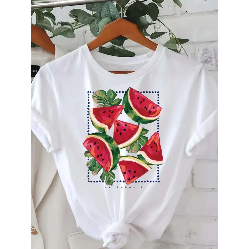 Watermelon Print Minimalist Style T-shirt for Women's Casual Round Neck Short Sleeved Top Daily Soft Fruit Print Clothing