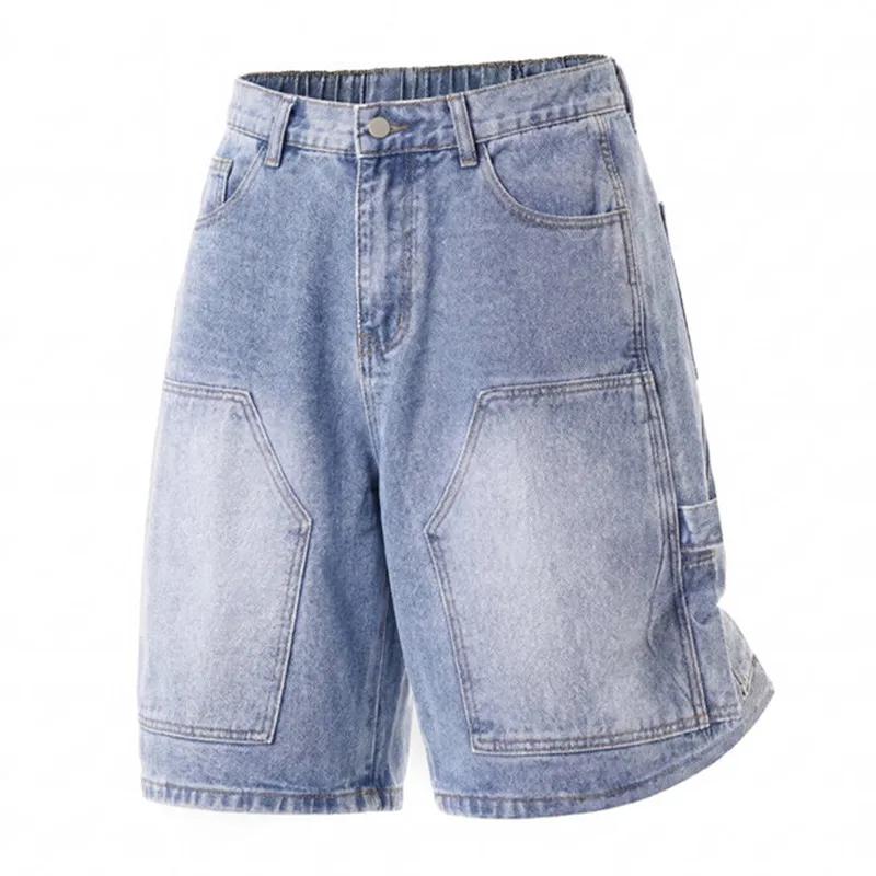 

Summer Men s Fashion Denim Shorts Cotton Loose Straight Knee Length Jeans Men Black Blue Streetwear Jean Short Pants Plus Size L синій