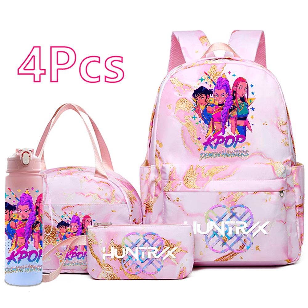 4Pcs/set New Cartoon K-Pop Printed Backpack Handbag Pencil Case with 750Ml Water Bottler for Teenager Boy Girl Schoolbag Large Capacity Bookbag