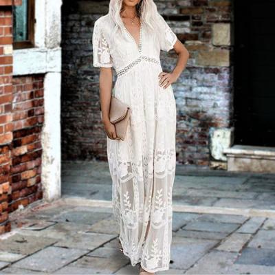Langes Kleid Stickerei Spitze Patchwork Lockerer Schnitt Damenkleid für den Alltag