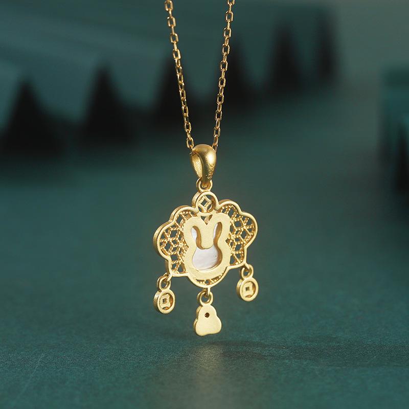 Yue Xin S925 Sterling Silver Longevity Lock Necklace Female Ethnic Shell Rabbit Ruyi Lock Chalcedony Children's Pendant