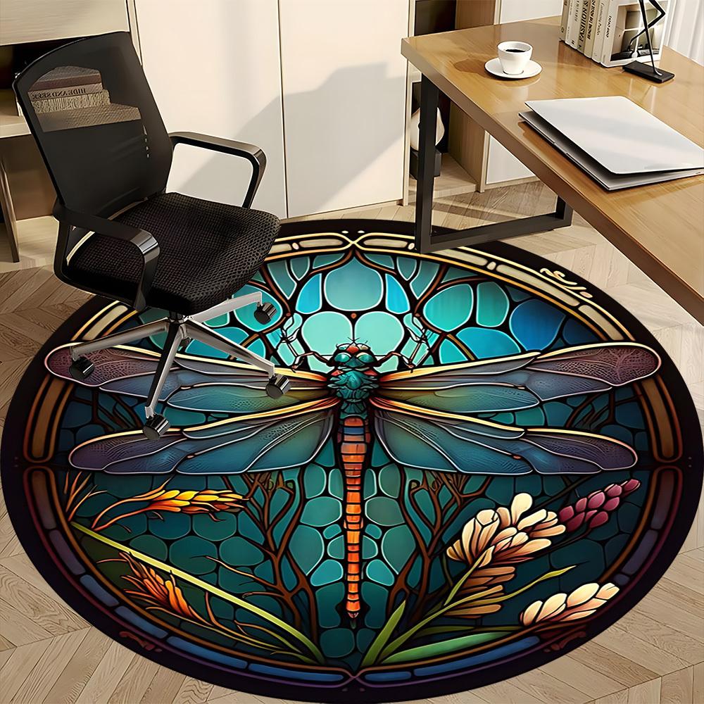 1PC Dragonfly StainedGlass Office Round Area Rug, Mat Suitable ForOffice, Under Office Chairs Bedroom Living Room Home Decor, Room Deco